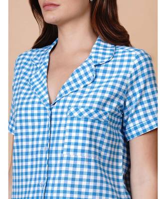 Handloom cotton blue and white check night lounge set with matching hairband 2