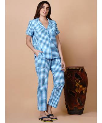 Handloom cotton blue and white check night lounge set with matching hairband 3