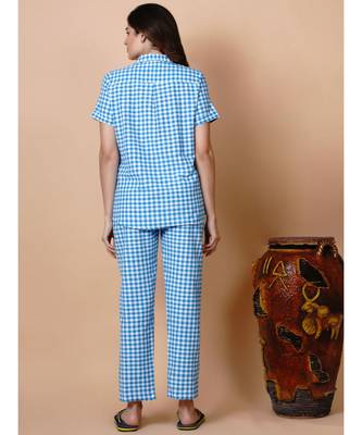 Handloom cotton blue and white check night lounge set with matching hairband 5