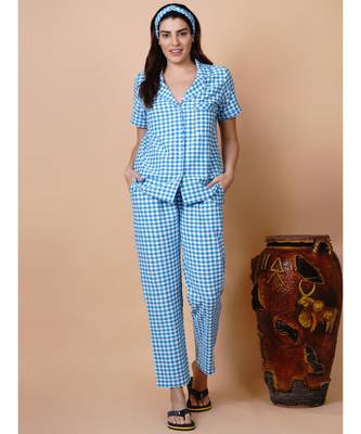 Handloom cotton blue and white check night lounge set with matching hairband 6