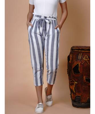 Handloom cotton white and blue stripe high waist belted pant with matching mask and hairband 1