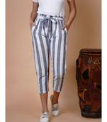 Handloom cotton white and blue stripe high waist belted pant with matching mask and hairband