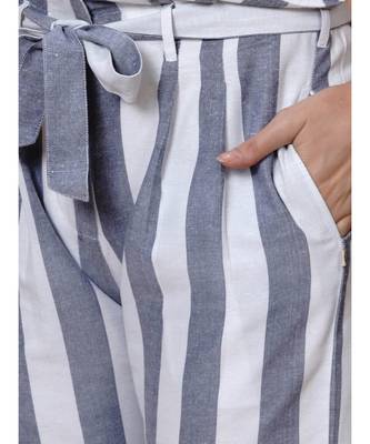 Handloom cotton white and blue stripe high waist belted pant with matching mask and hairband 2