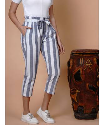 Handloom cotton white and blue stripe high waist belted pant with matching mask and hairband 3