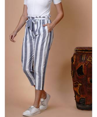 Handloom cotton white and blue stripe high waist belted pant with matching mask and hairband 4