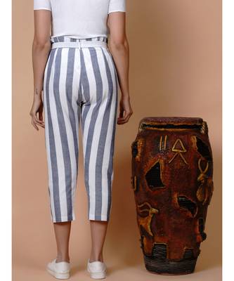 Handloom cotton white and blue stripe high waist belted pant with matching mask and hairband 5