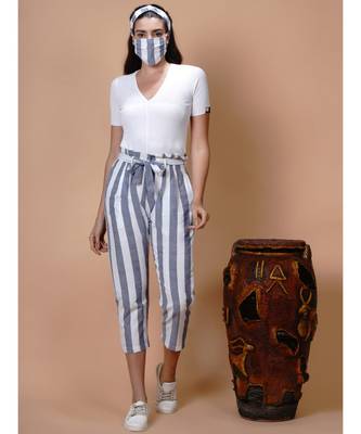 Handloom cotton white and blue stripe high waist belted pant with matching mask and hairband 6