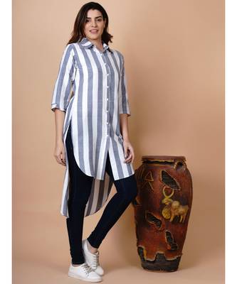 Handloom cotton white and blue stripe button down high low tunic with matching mask 2
