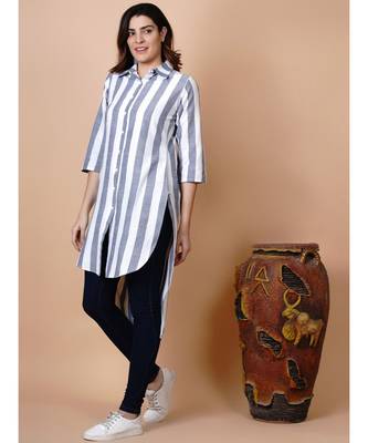 Handloom cotton white and blue stripe button down high low tunic with matching mask 3
