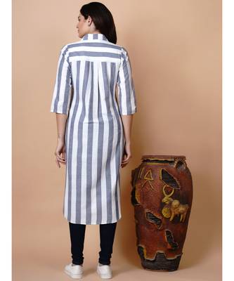 Handloom cotton white and blue stripe button down high low tunic with matching mask 4
