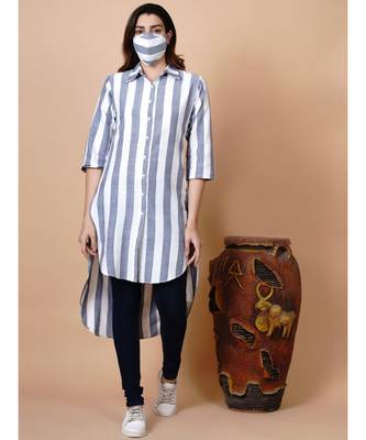 Handloom cotton white and blue stripe button down high low tunic with matching mask 5