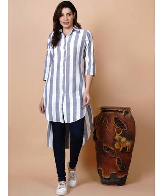Handloom cotton white and blue stripe button down high low tunic with matching mask 6