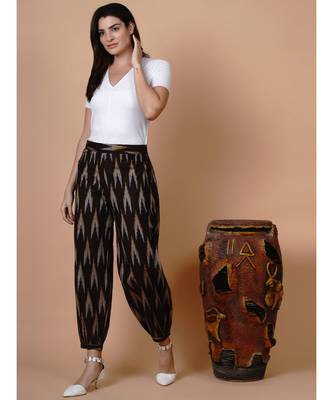 Handloom brown ikat cotton harem pants with matching mask 5