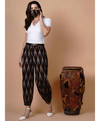 Handloom brown ikat cotton harem pants with matching mask 6