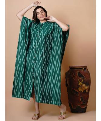 Handloom green cotton ikat button down kaftan with mask 1