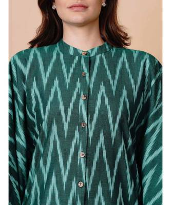 Handloom green cotton ikat button down kaftan with mask 2