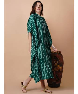 Handloom green cotton ikat button down kaftan with mask 3