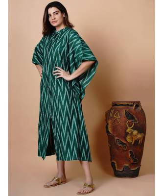 Handloom green cotton ikat button down kaftan with mask 4