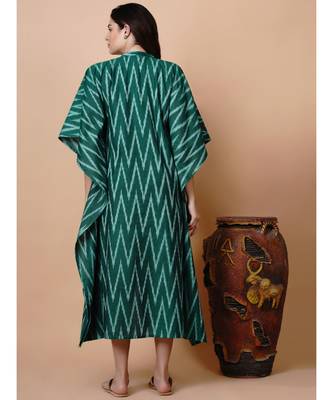Handloom green cotton ikat button down kaftan with mask 5