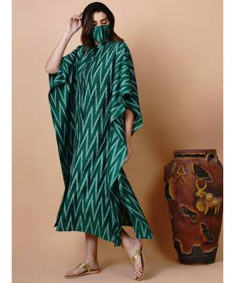Handloom green cotton ikat button down kaftan with mask 6
