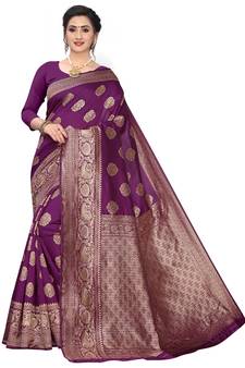 Wine Woven Jacquard Saree With Blouse