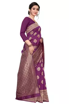 Wine Woven Jacquard Saree With Blouse