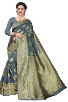 Grey Woven Jacquard Saree With Blouse