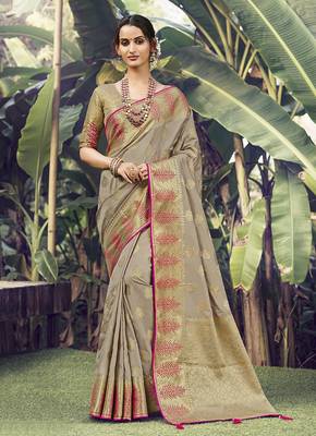 Beige woven banarasi silk saree with blouse 1