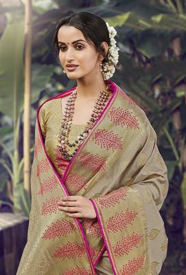 Beige woven banarasi silk saree with blouse 2