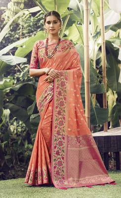 Salmon woven banarasi silk saree with blouse 1