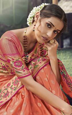 Salmon woven banarasi silk saree with blouse 2