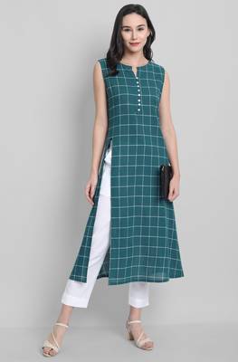 Janasya Teal printed cotton ethnic kurtis 1