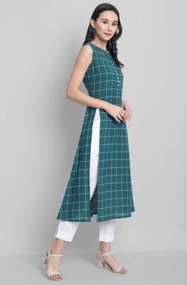 Janasya Teal printed cotton ethnic kurtis 3