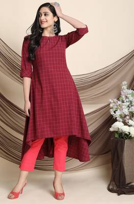 Janasya Maroon printed cotton ethnic kurtis 1