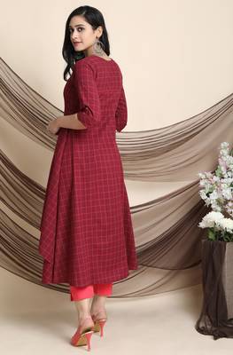 Janasya Maroon printed cotton ethnic kurtis 4