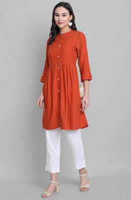Janasya Orange woven rayon short kurtis 2