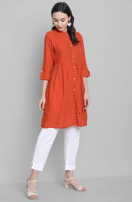 Janasya Orange woven rayon short kurtis 3