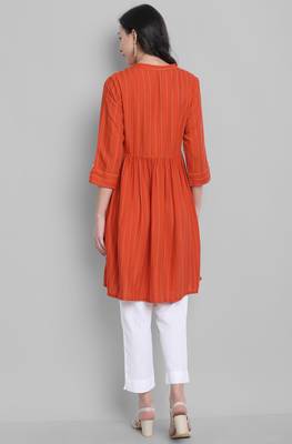 Janasya Orange woven rayon short kurtis 4