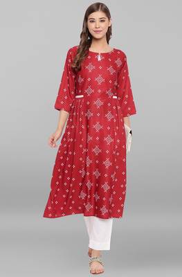 Janasya Maroon printed crepe ethnic kurtis 1