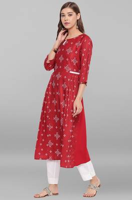 Janasya Maroon printed crepe ethnic kurtis 2