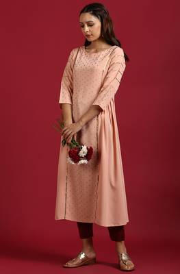 Janasya Peach embroidered crepe ethnic kurtis 3