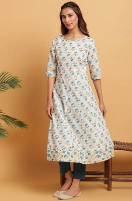 Janasya Off white printed cotton ethnic kurtis 1