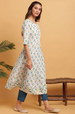 Janasya Off white printed cotton ethnic kurtis 3