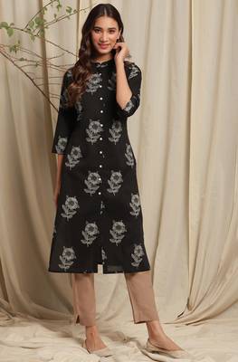 Janasya Black printed cotton ethnic kurtis 1