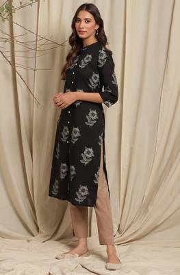 Janasya Black printed cotton ethnic kurtis 2