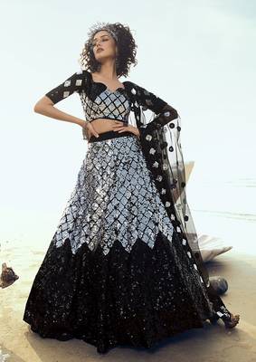 Black sequins net semi stitched lehenga 1