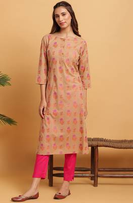 Brown printed cotton ethnic kurtis 1