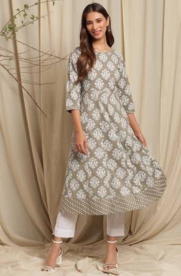 Janasya Green printed cotton ethnic kurtis 1