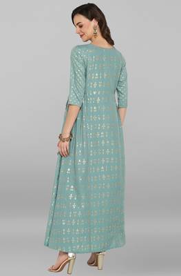 Green printed polyester party wear kurtis 3