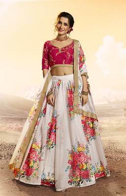 White printed organza semi stitched lehenga 1